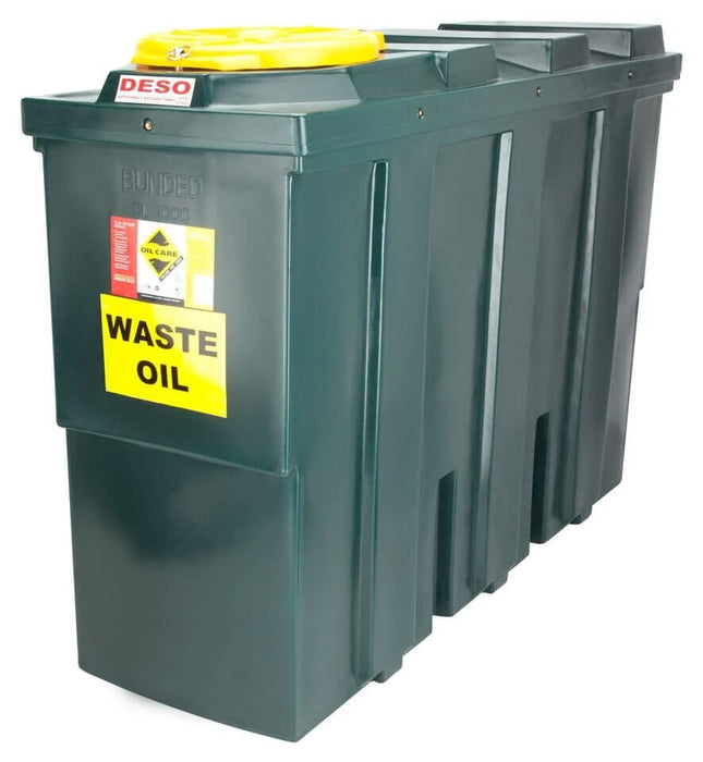 1,000 Litre Plastic Bunded Waste Oil Tank (Slimline) - Yellow Shield