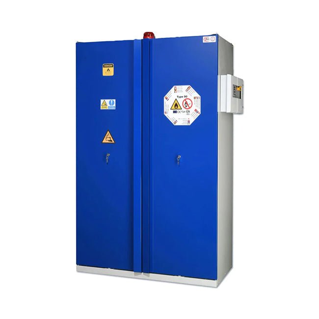 Lithium-Ion Battery Cabinet | 2 Door with FirePro® Suppression & Charging Points - Yellow Shield